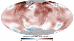 Temperatura global da superfície em 2016 em comparação com a média 1981-2010. 